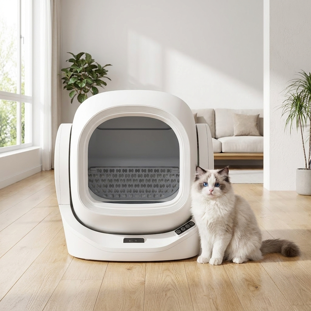 Cat beside the Pawnest self-cleaning smart litter box