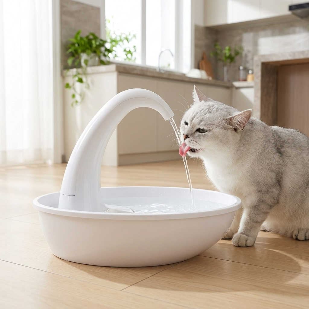 Cat drinking from the Fresh-Flow pet water fountain