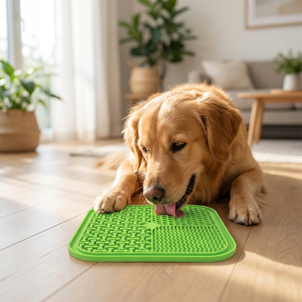 Dog licking the Pawnest slow-feeder lick mat