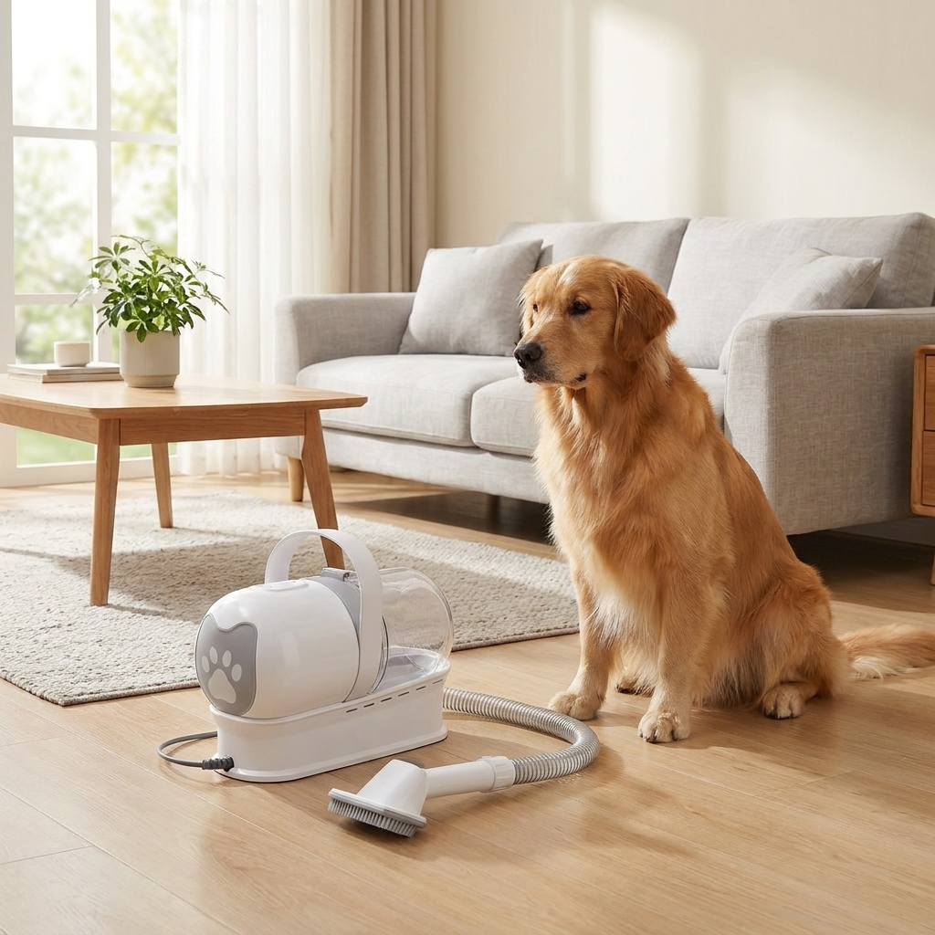 Groom and Vac 7-in-1 grooming device with dog