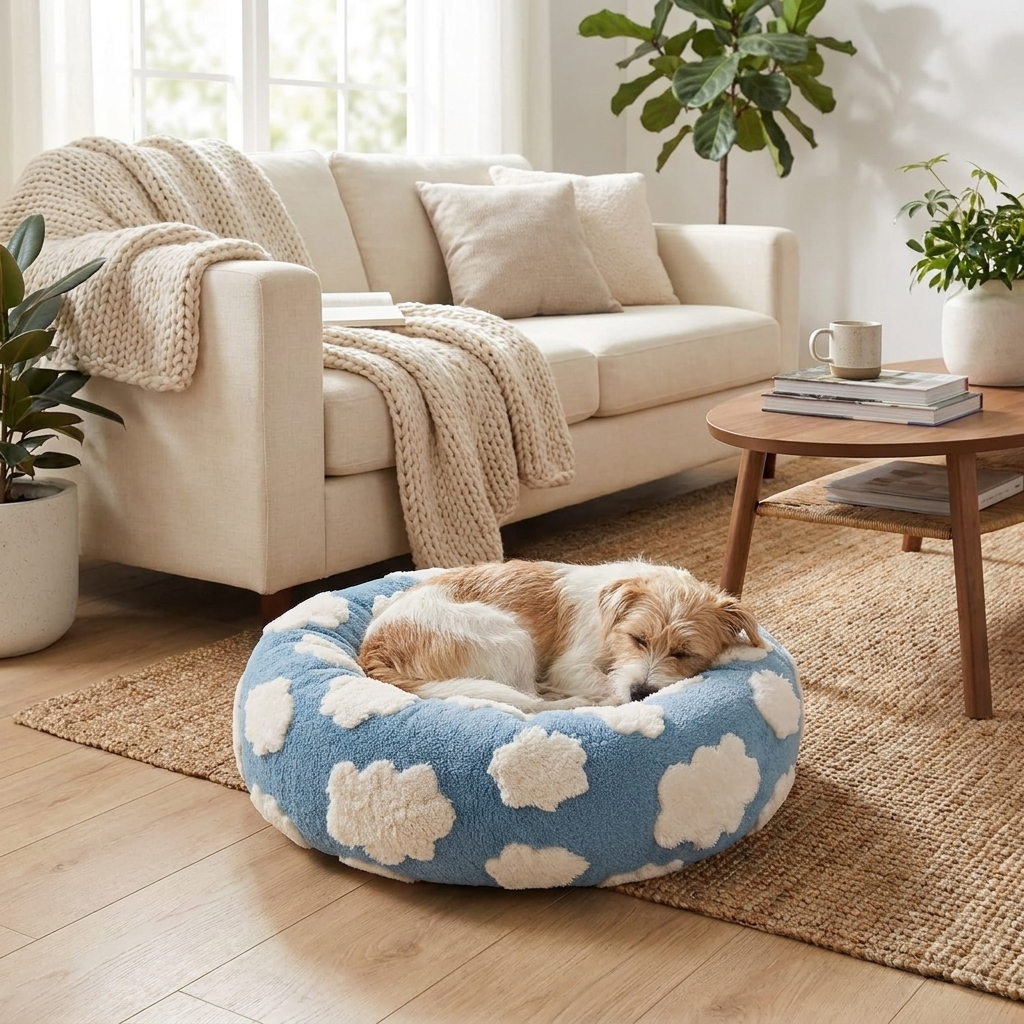 Dog curled up asleep in the Calming Cloud Bed