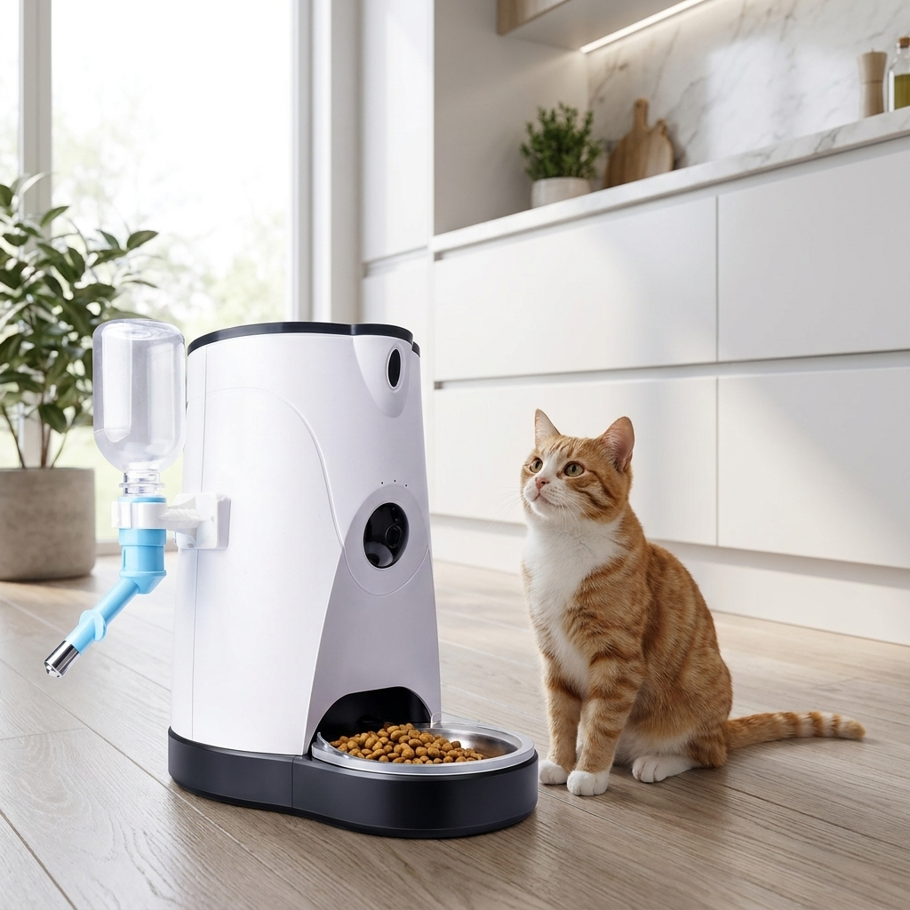 Cat beside the Pawnest automatic smart feeder
